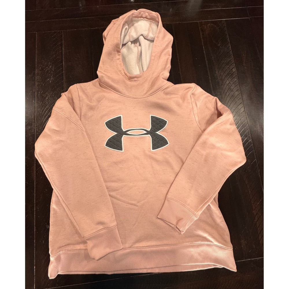 Under Armour Womens Loose Fit Hoodie Pink Quilted Logo Pullover Fleece LG